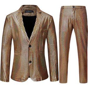 Men's 2 Piece Disco Sets Shiny Jacket and Pants Metallic Sequin Suits